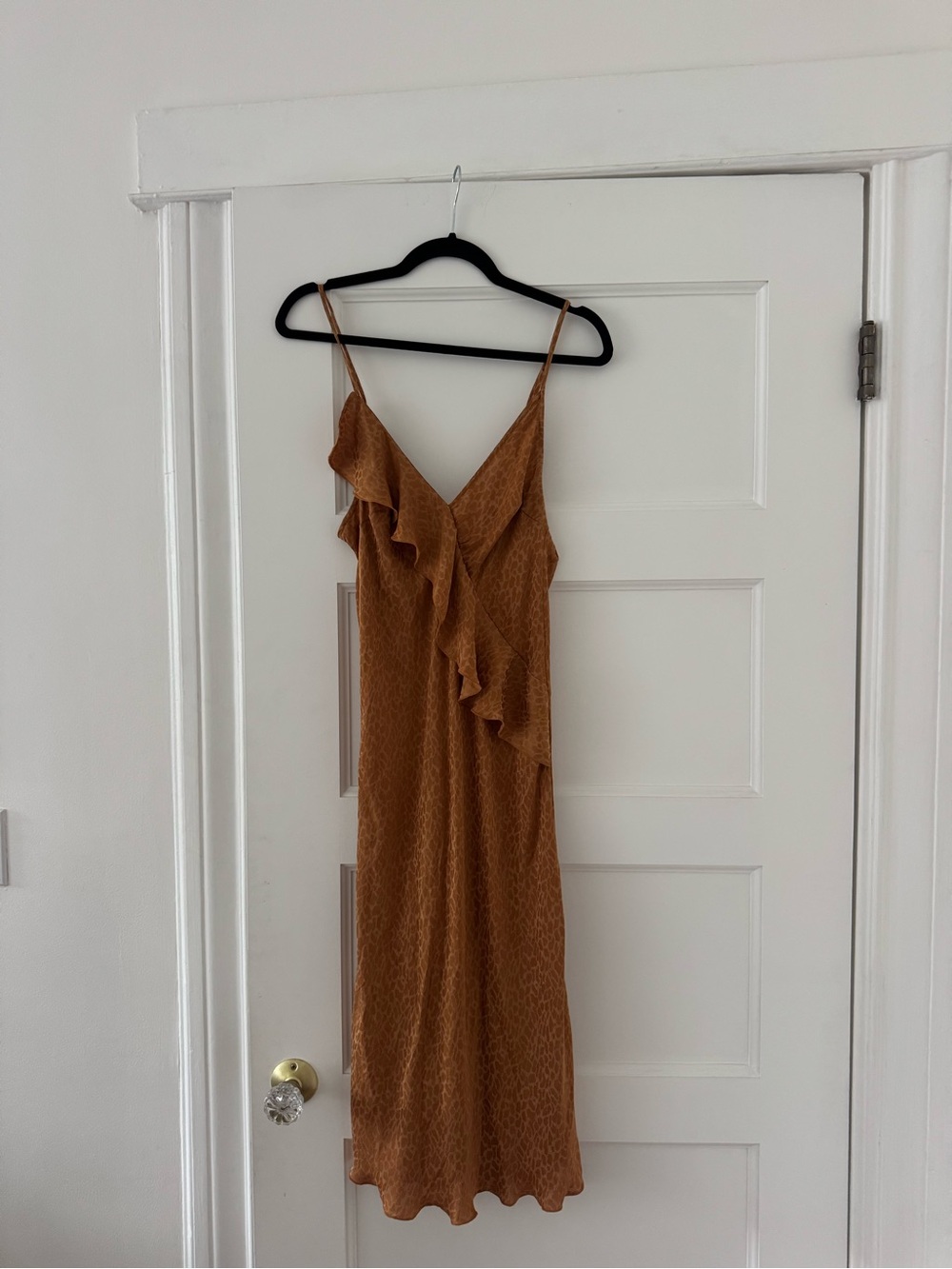 Sleeveless Ruffle Slip Dress in Rust Brown